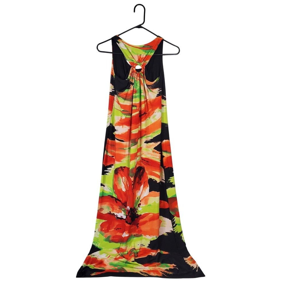 Emma & Michele Floral Maxi Dress Orange Green Black O-Ring Racerback Small - Picture 2 of 7